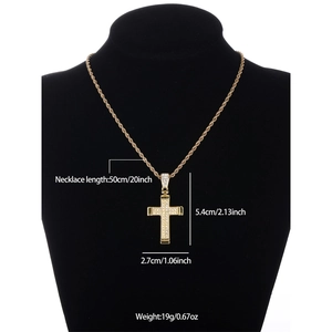 Men's gold cross pendant necklace with twisted rope chain on jewelry display