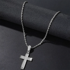 Men hip hop silver cross pendant necklace with sparkling stones on twisted rope chain