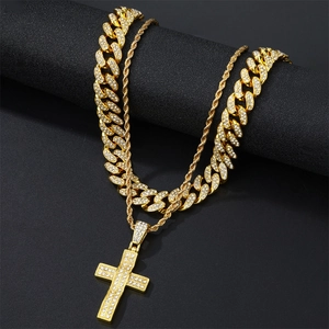 Hip-hop iced-out cross pendant and cuban link chain necklace set in gold finish