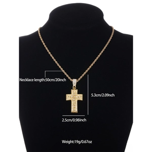Hip hop style gold cross pendant necklace set with sparkling rhinestones and twisted chain