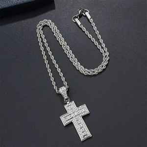 Hip hop rope chain necklace set with oversized iced out cross pendant in silver finish