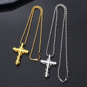Hiphop double layered cross pendant necklace in gold and silver finish with rope chain
