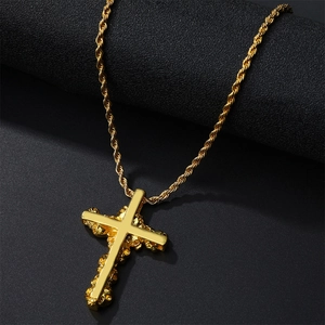 Hiphop gold cross pendant necklace with polished surface and twist rope chain style