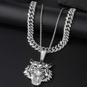 Mens hip hop iced out tiger pendant with cuban link chain and sparkling white zircons