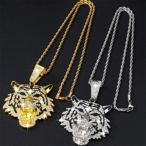Hip hop style tiger head pendant necklaces in gold and silver with full rhinestone inlay