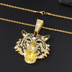 Hip hop gold tiger head pendant necklace with white rhinestones and black enamel details