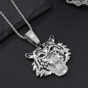 Hip Hop Tiger Head Pendant Necklace Iced Out Rhinestone Alloy Cuban Link Rope Chain Bold Men Fashion Jewelry Gift
