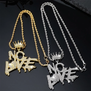 Hip Hop No Love Letter Crown Pendant Necklace Alloy Zirconia Iced Out Rhinestone Pendant And Rope Cuban Chain Jewelry