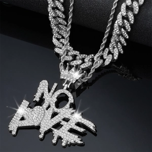 Hip hop silver NO LOVE pendant necklace with crown and broken heart in iced out cubic zirconia