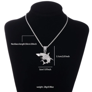 Detailed view of iced out shark pendant on twist chain with specific dimensions and weight