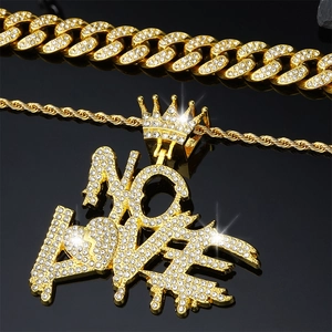 Gold plated hip-hop NO LOVE pendant necklace with crown and iced out cubic zirconia