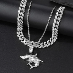 Hiphop silver Cuban link chain set with iced out megalodon shark pendant for men