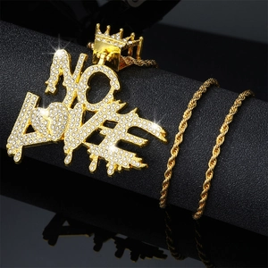 Iced out gold No Love crown letter pendant with twisted rope chain hip hop necklace