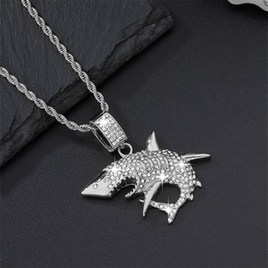 Iced out shark pendant necklace with sparkling rhinestones on silver rope chain
