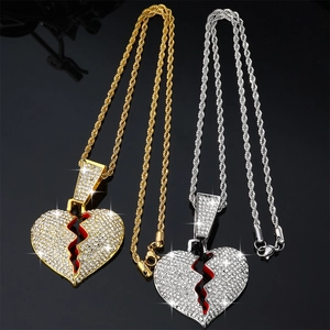 Hip Hop Legierung Gebrochenes Herz Strass Anhänger Halskette Gold Silber Iced Out Cuban Rope Kette Herren Schmuck