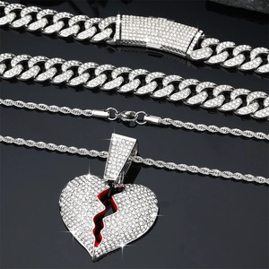 Hip-Hop Silberketten-Set mit Iced Out Broken Heart Anhänger und rotem Detail