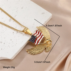 Gold stainless steel eagle necklace with American flag pendant on marble background