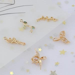 Gold-plated brass DIY jewelry charms with green gemstones and cubic zirconia in various shapes