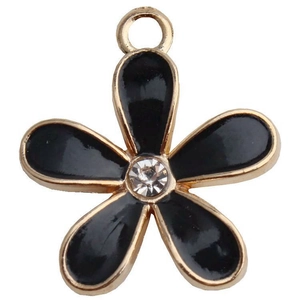 DIY four leaf clover flower pendant with black enamel finish and central sparkling diamond