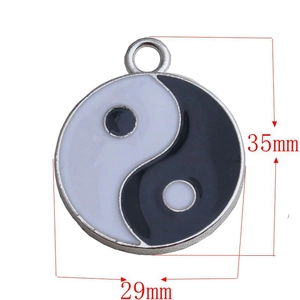 Silver-edged black and white Tai Chi Yin Yang enamel pendant, 35mm DIY jewelry charm
