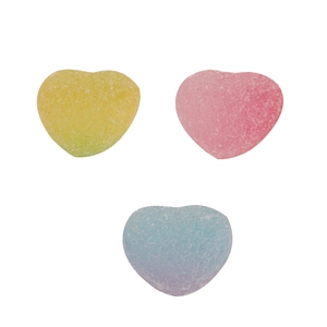 Three gradient heart-shaped DIY resin charms with sugary crystalline texture on white background
