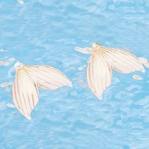 Elegant pair of acrylic mermaid tail pendants with gold stripes and white enamel details