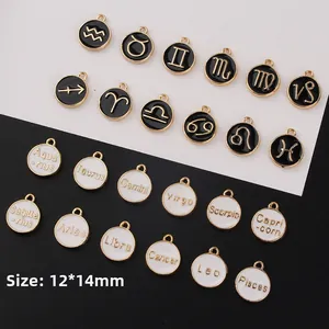 Lot de 12 pendentifs zodiaque ronds en alliage noir et blanc, dimensions 12x14mm
