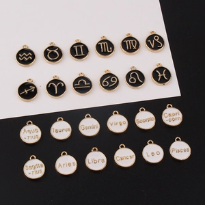 Breloques en Alliage d'Émail de Forme Ronde des 12 Signes du Zodiaque pour la Fabrication de Bijoux DIY Collier Bracelet Accessoires de Pendentifs Or Noir Blanc