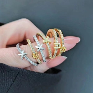 Set of 18k gold plated brass initial rings with pave zircon stones for women