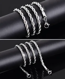 Close-up of a silver stainless steel rope chain with a secure lobster clasp on black background