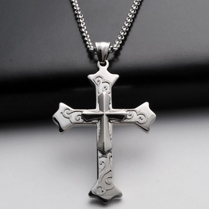 Retro Stainless Steel Double Layered Cross Pendant With Vine Pattern Carving For Men Religious Jewelry Gift Pendant Only Without Chain