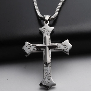Mens silver double-layered cross pendant necklace with box chain in vintage style
