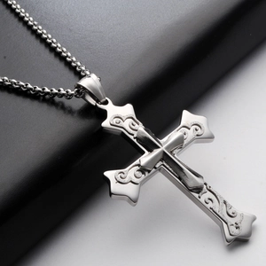 Men's multilayer stainless steel cross necklace with intricate vine patterns and box chain