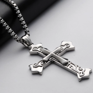 Mens silver stainless steel layered cross pendant necklace with box chain jewelry