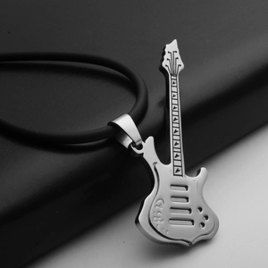Polished silver guitar pendant necklace in stainless steel with a black cord strap
