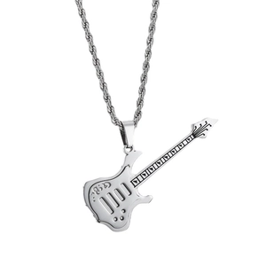 Silver electric guitar pendant necklace in stainless steel with a twisted rope chain