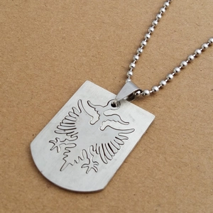 Stainless steel shield necklace with engraved double-headed eagle on beaded chain