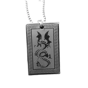 Pendentif dragon en acier inoxydable argenté avec bordure grecque et chaîne à billes