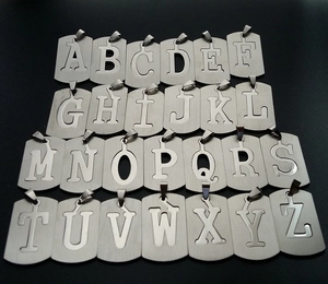 Detailed collection of 26 brushed stainless steel alphabet dog tag pendants for necklaces