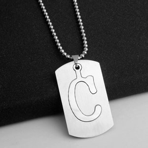 Men's stainless steel necklace with brushed letter C pendant and silver bead chain