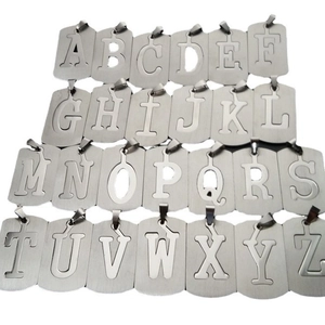 Set of 26 brushed stainless steel dog tag pendants with hollowed capital A-Z letters