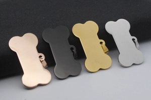 Polished bone-shaped stainless steel pet ID tags in black, gold, silver, and rose gold