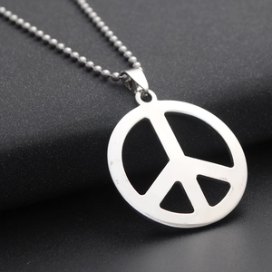 Silver stainless steel necklace featuring a round hollow peace sign pendant on a bead chain