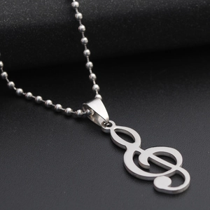 Polished stainless steel treble clef musical note pendant with classic silver bead chain