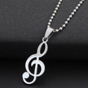 G-clef musical note pendant necklace in silver stainless steel with white enamel inlay