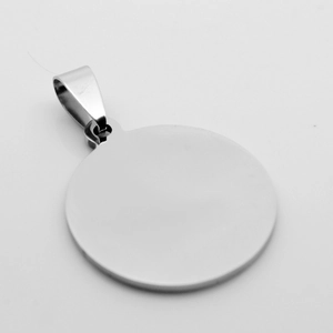 Close-up of a polished silver round stainless steel military tag pendant with bail