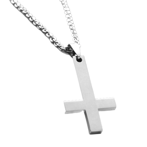 Brushed silver stainless steel inverted cross pendant necklace for men with fine chain