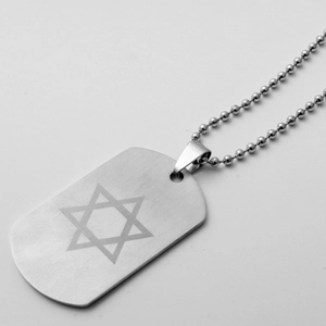 Detail of brushed stainless steel dog tag pendant with engraved hexagram and bead chain