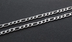 Detailed macro view of silver Figaro chain showing classic polished stainless steel links
