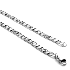 Polished silver stainless steel Figaro chain necklace with secure lobster clasp on white background